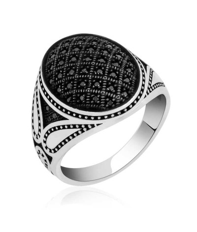 Gümüş Siyah Zirkon Taşlı Erkek Yüzük