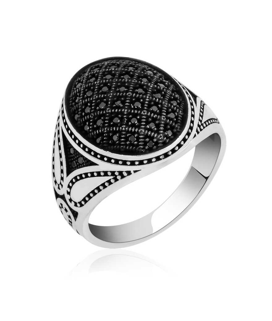 Gümüş Siyah Zirkon Taşlı Erkek Yüzük