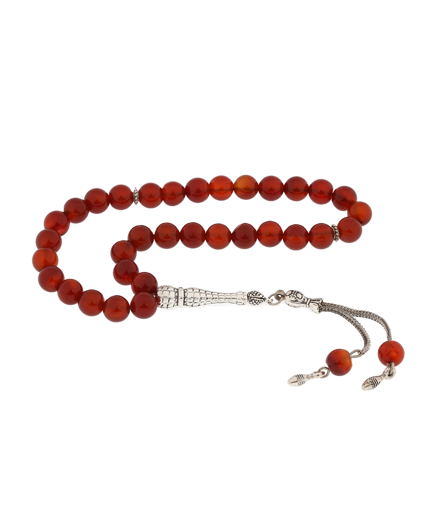 ​Doğaltaş Metal Püsküllü Bordo Akik Taşlı Tesbih