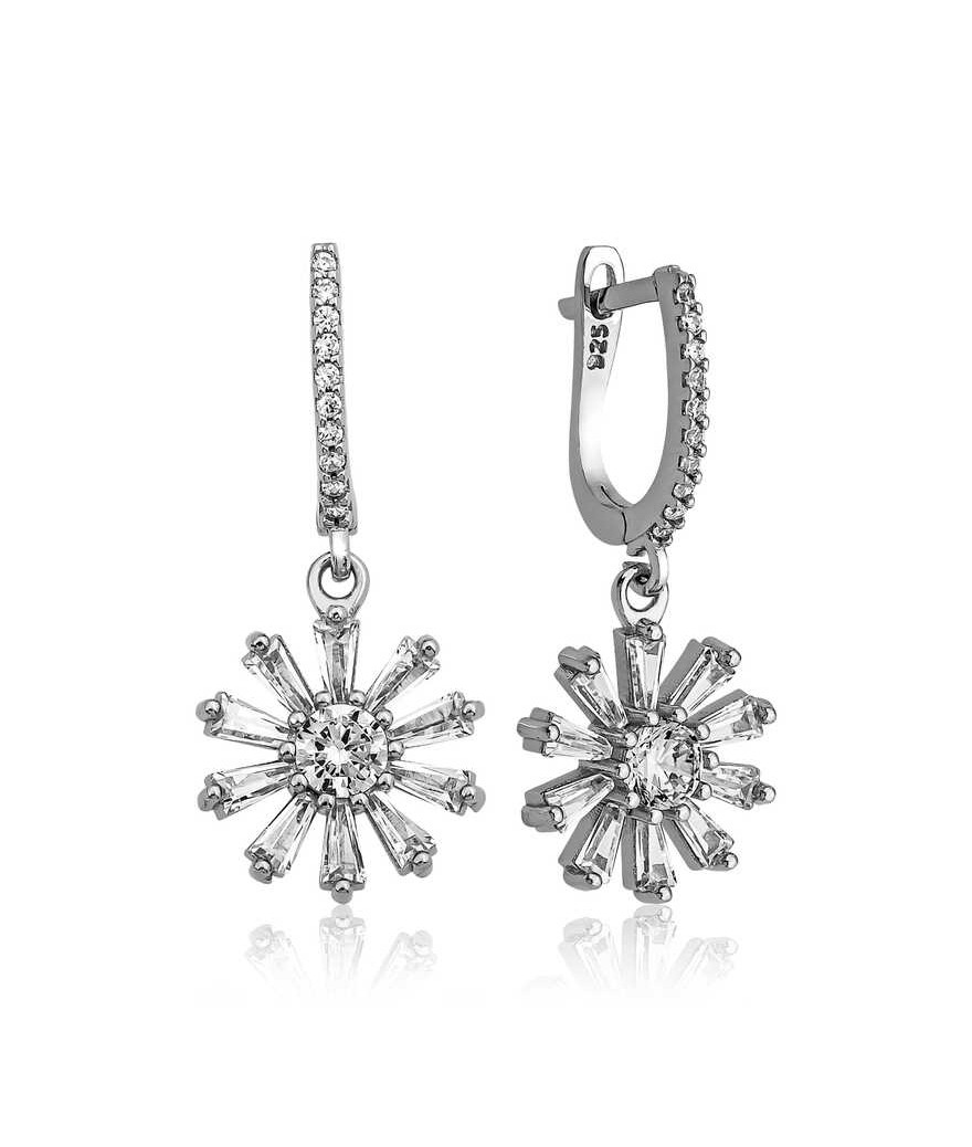 Gümüş Trapez Taşlı Çiçek Bayan Küpe