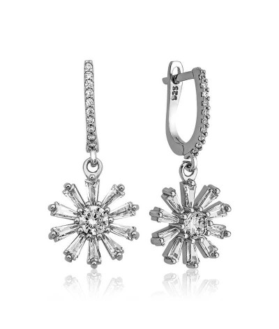 Gümüş Trapez Taşlı Çiçek Bayan Küpe