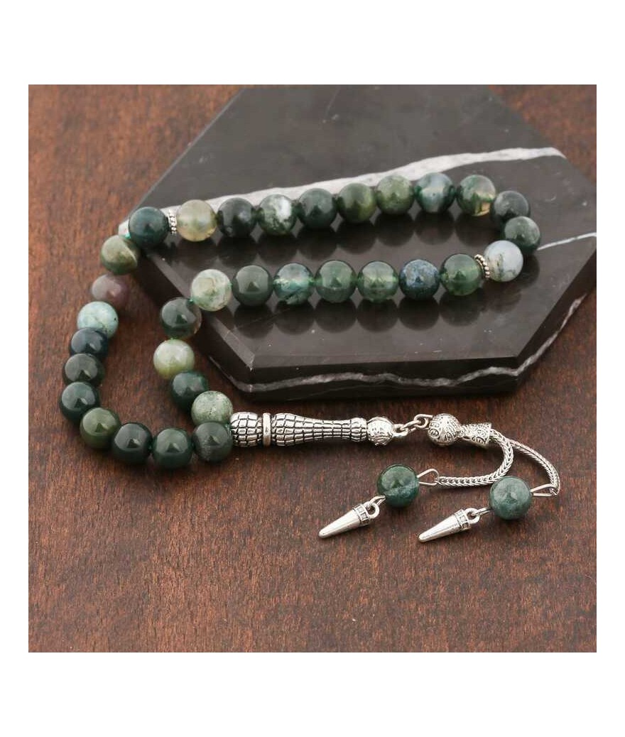 ​Doğaltaş Metal Püsküllü Hint Akik Taşlı Tesbih