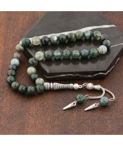 ​Doğaltaş Metal Püsküllü Hint Akik Taşlı Tesbih