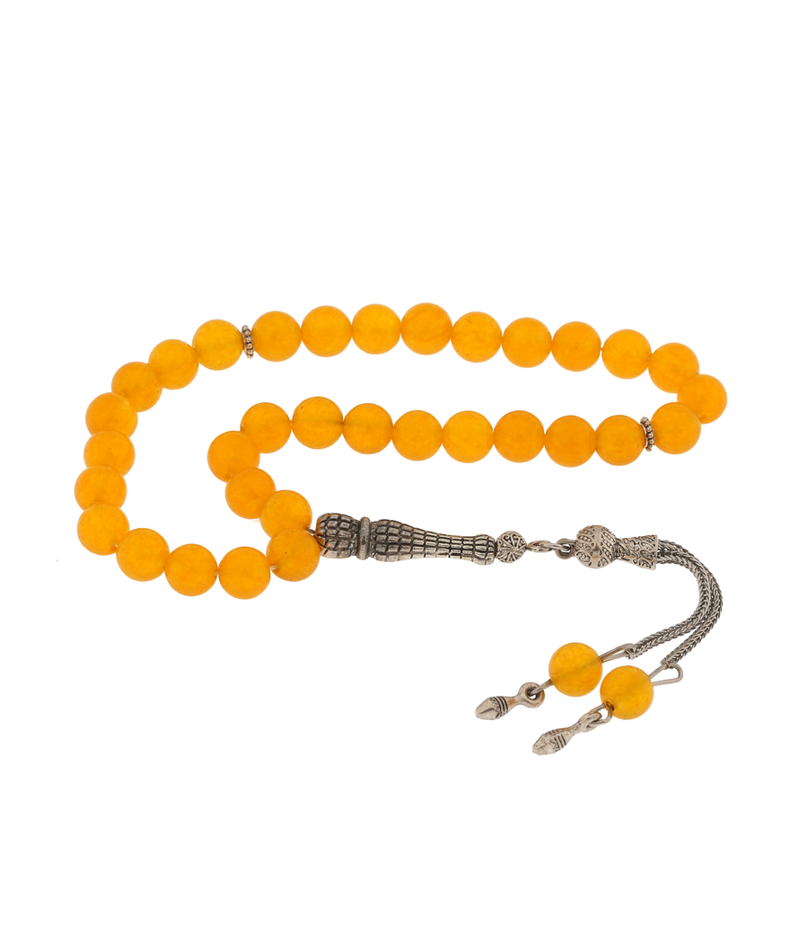 ​Doğaltaş Metal Püsküllü Sarı Yeşim Taşı Tesbih