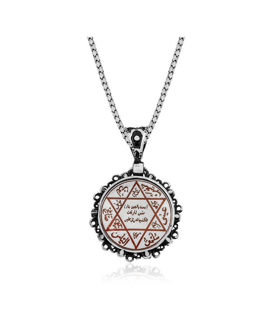 ​Gümüş Kırmızı Mineli Süleyman Mührü Kolye