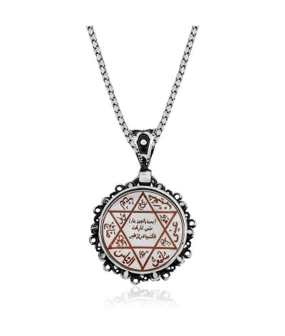 ​Gümüş Kırmızı Mineli Süleyman Mührü Kolye