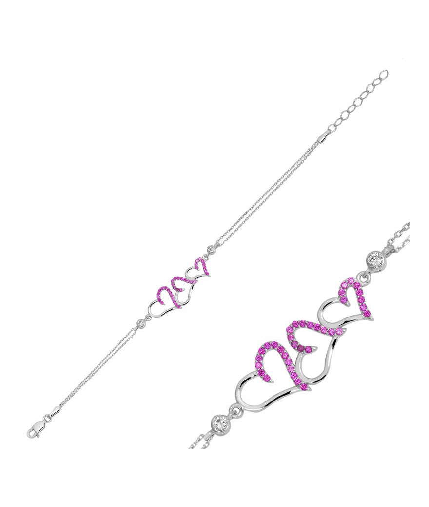 Gümüş Pembe Üç Kalpli Bayan Bileklik