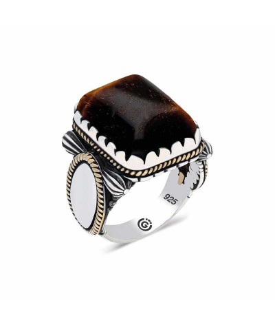 ​Gümüş Siyah Kaplan Gözü Kare Erkek Yüzük