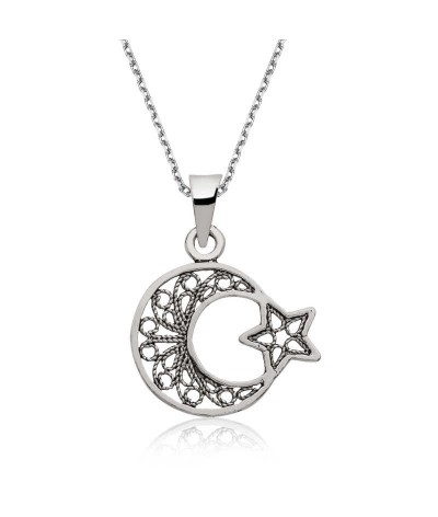 Gümüş Ay Yıldız Bayan Kolye