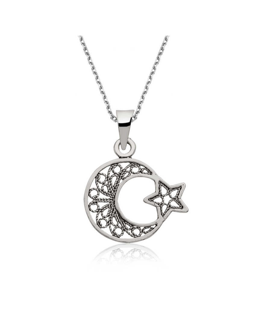 Gümüş Ay Yıldız Bayan Kolye