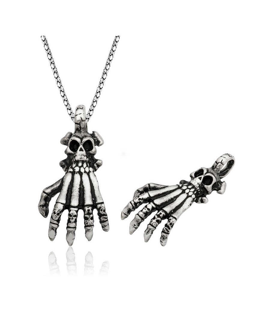 Gümüş Kuru Kafa El Erkek Kolye