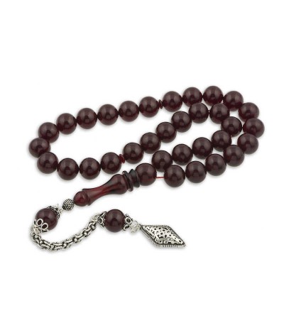 Gümüş Püskül Bordo Küre Sıkma Kehribar Tesbih