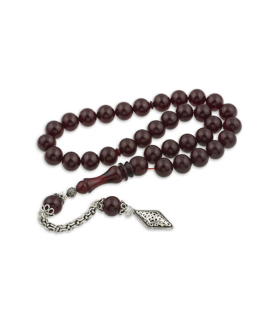Gümüş Püskül Bordo Küre Sıkma Kehribar Tesbih