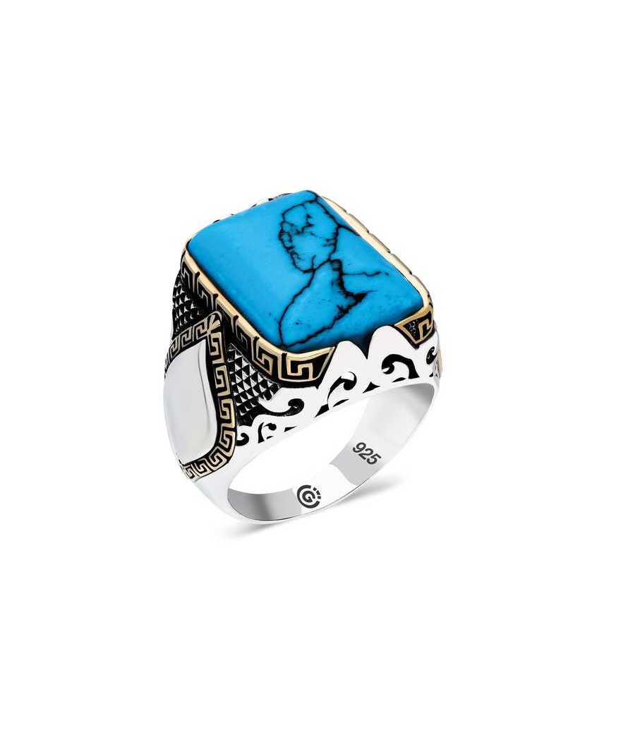 ​Gümüş Turkuaz Taşlı Köşeli Erkek Yüzük