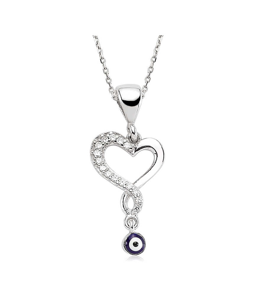 Gümüş Nazarlı Bayan Kalp Kolye