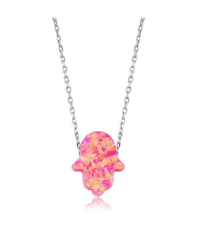 Gümüş Pembe Opal Fatma Eli Bayan Kolye