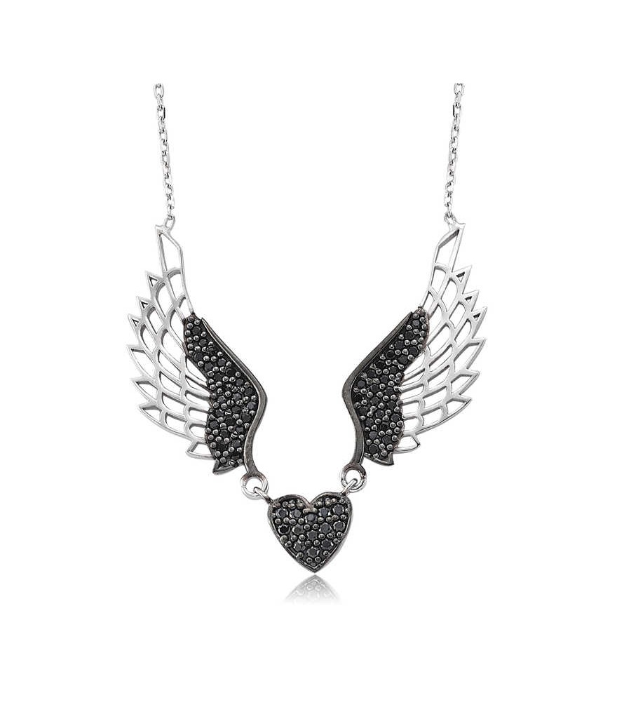 Gümüş Siyah Kanatlı Kalp Bayan Kolye