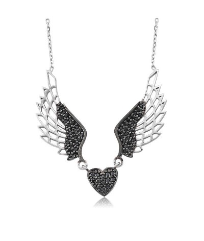 Gümüş Siyah Kanatlı Kalp Bayan Kolye