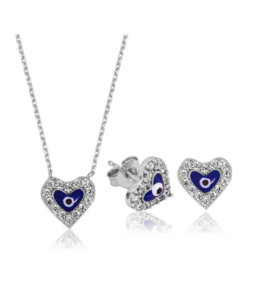 Gümüş Nazarlı Kalp Set