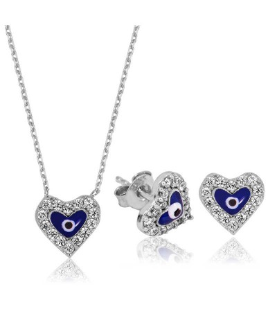 Gümüş Nazarlı Kalp Set