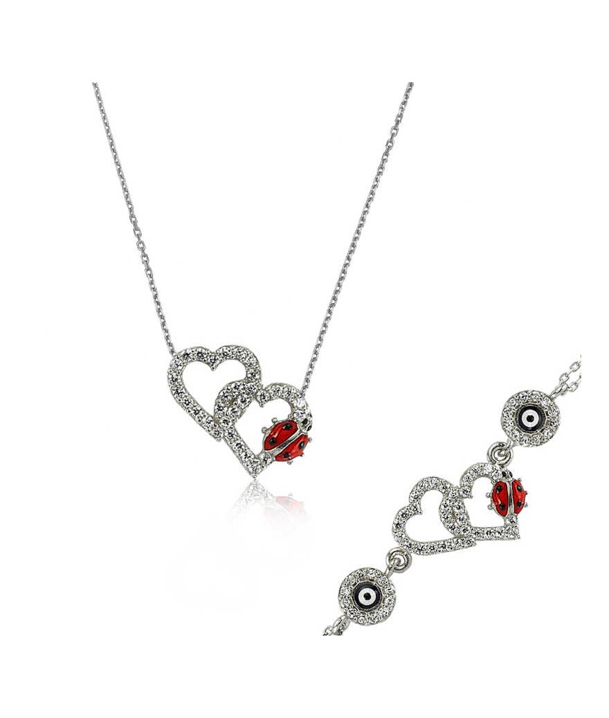 Gümüş Uğur Böcekli Kalp Set