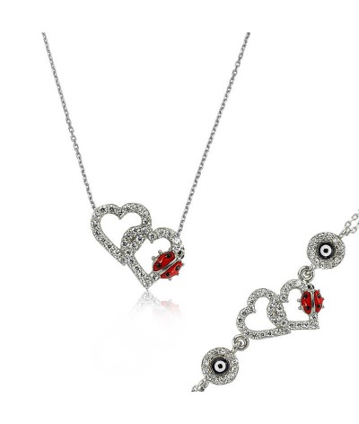 Gümüş Uğur Böcekli Kalp Set