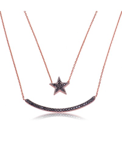 Gümüş Çift Zincirli Ay Yıldız Bayan Kolye