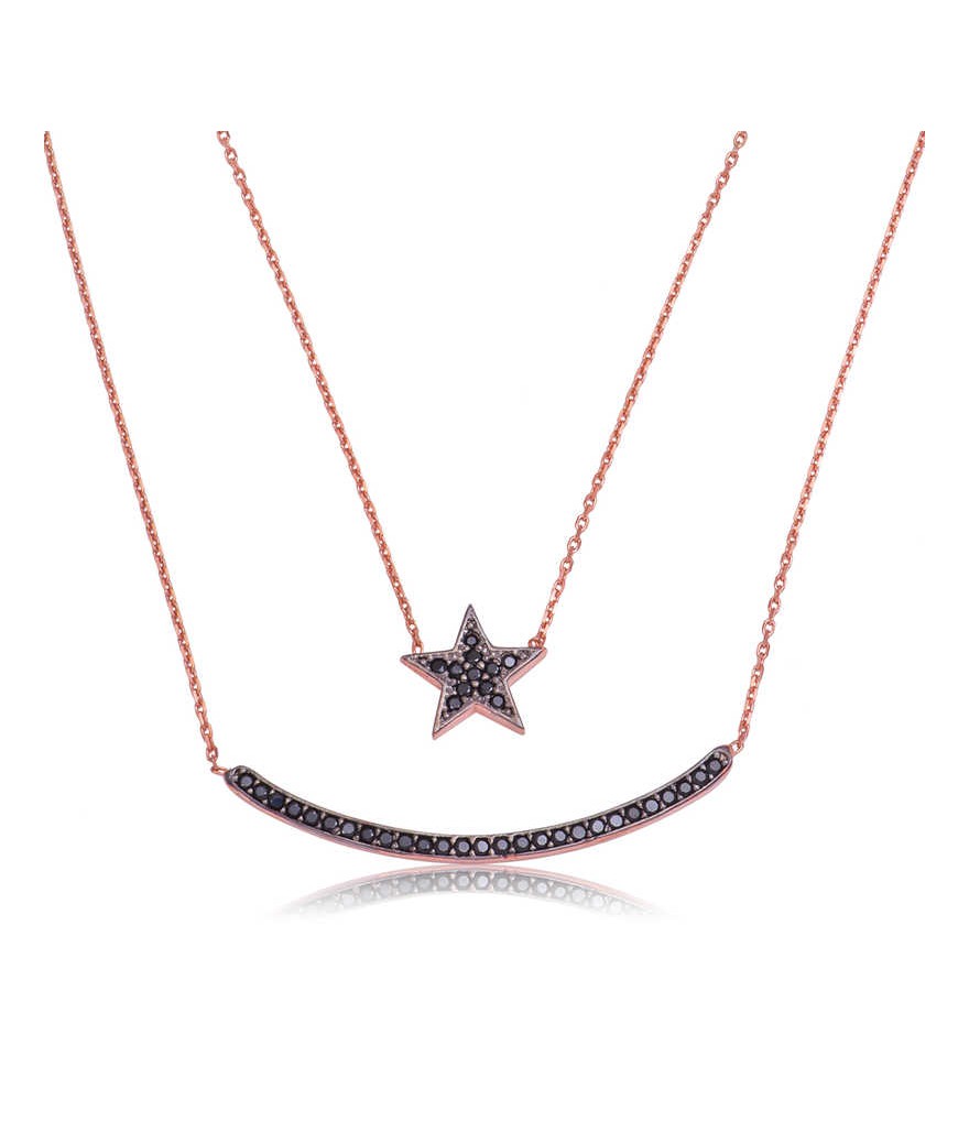 Gümüş Çift Zincirli Ay Yıldız Bayan Kolye