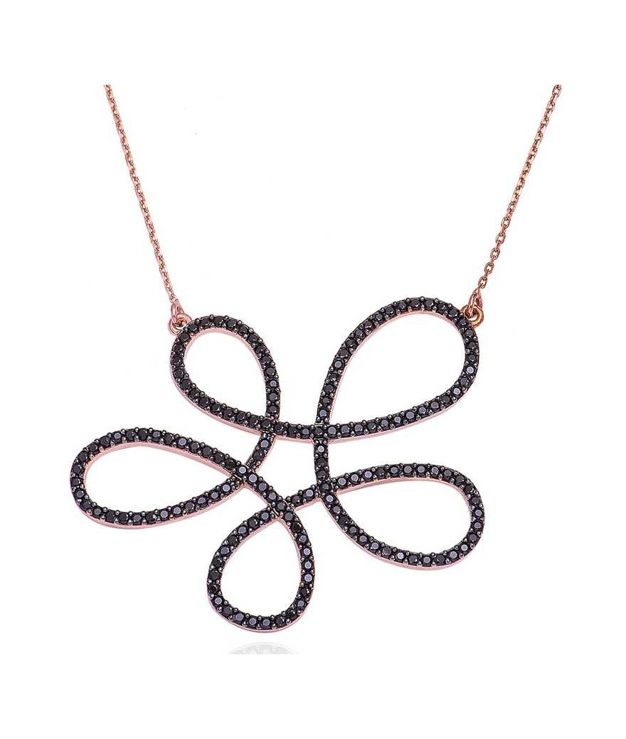 Gümüş Siyah Çiçek Bayan Kolye