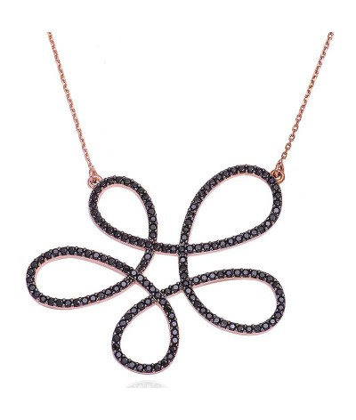 Gümüş Siyah Çiçek Bayan Kolye