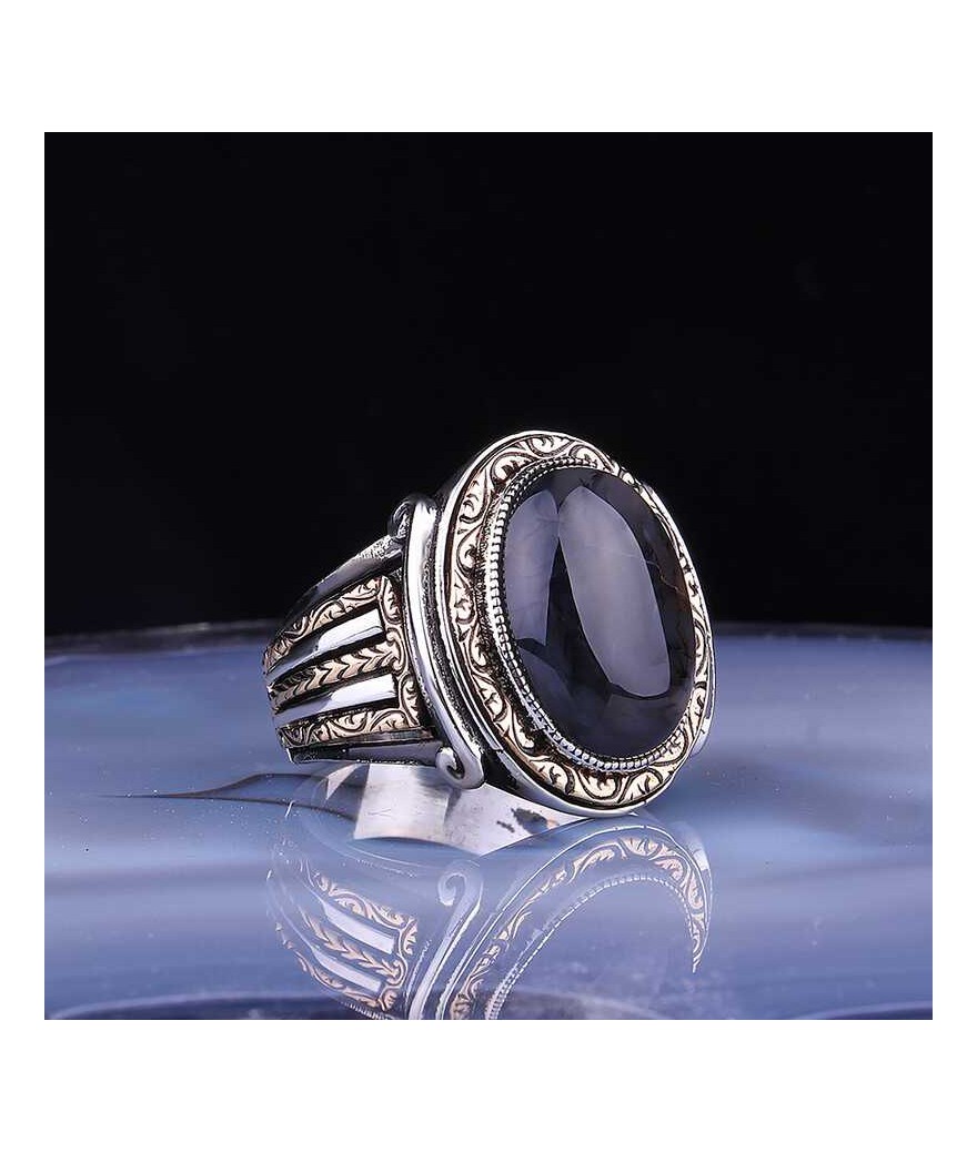 Gümüş Onix Taşlı Oval Erkek Yüzük