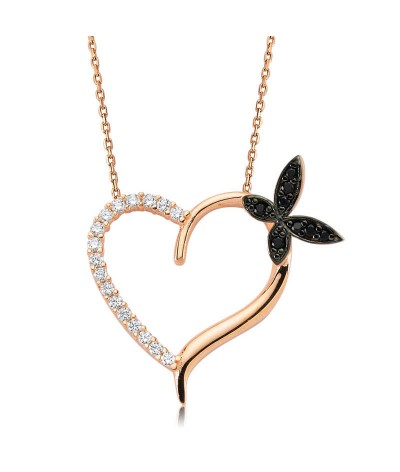 Gümüş Kalpli Kelebek Bayan Kolye