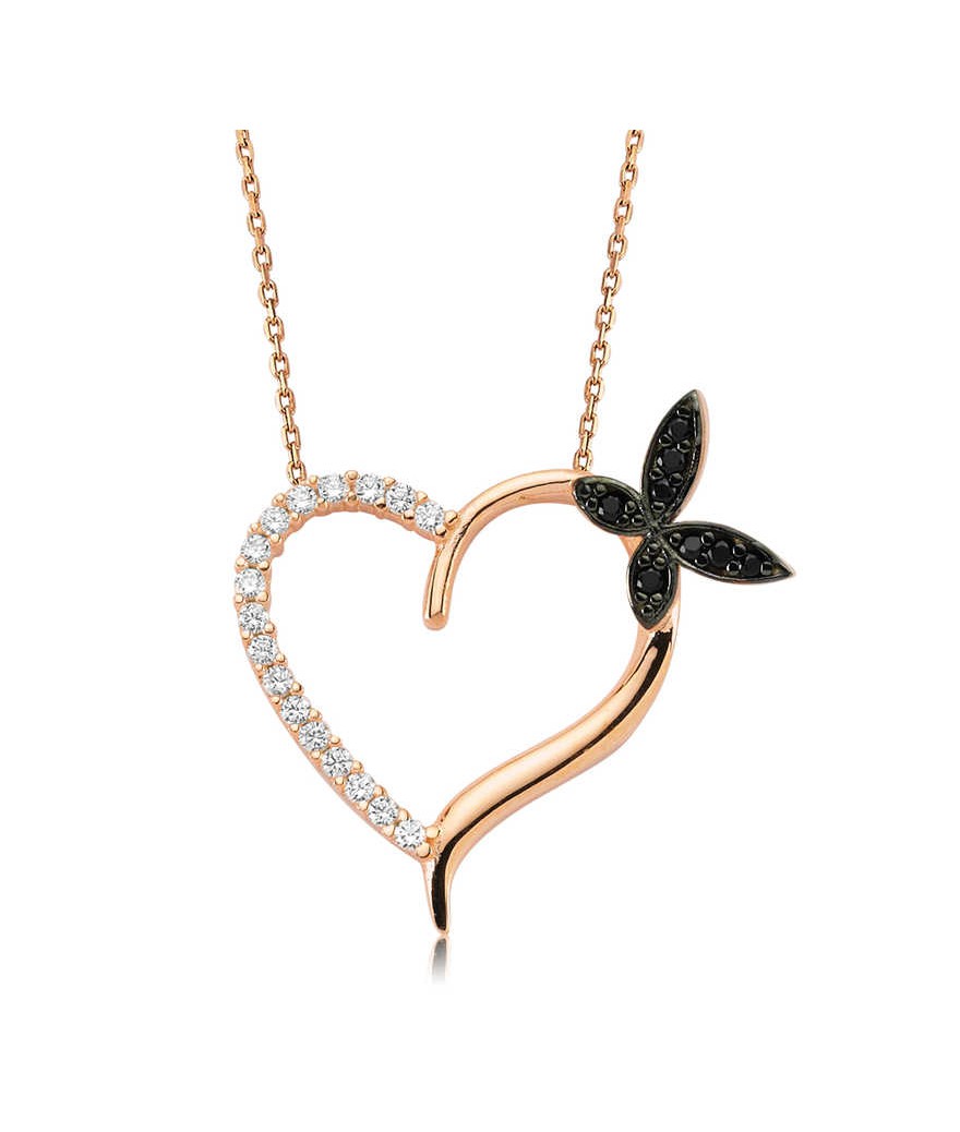 Gümüş Kalpli Kelebek Bayan Kolye