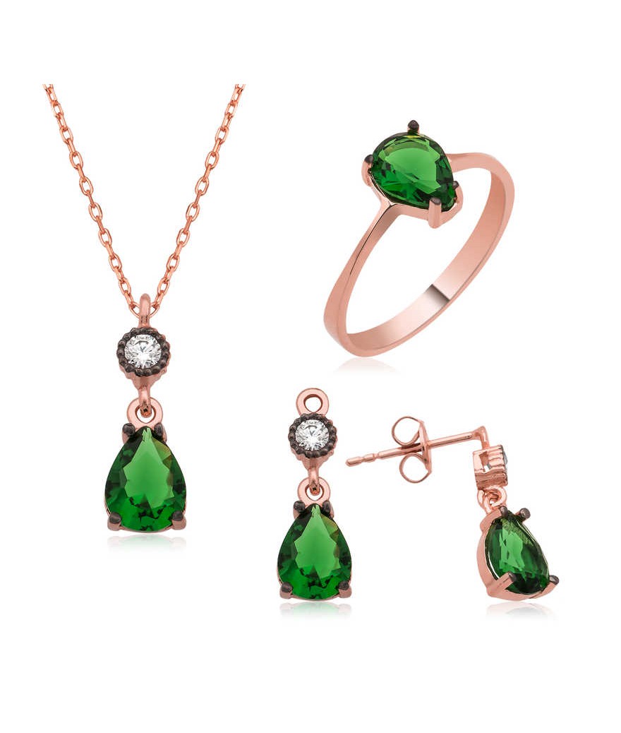 Gümüş Yeşil Damla Taşlı Bayan Set