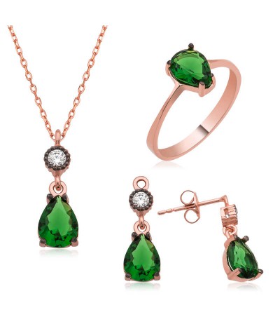 Gümüş Yeşil Damla Taşlı Bayan Set