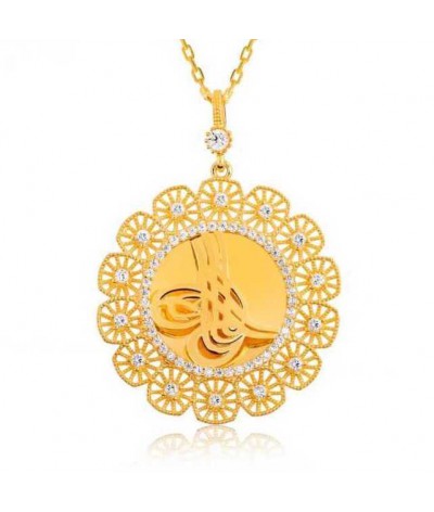 Gümüş Tuğralı Altın Kaplama Bayan Kolye